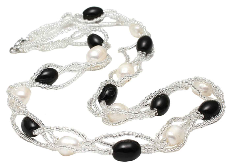 Zoetwater parelketting set met armband Twine Pearl Black Glass
