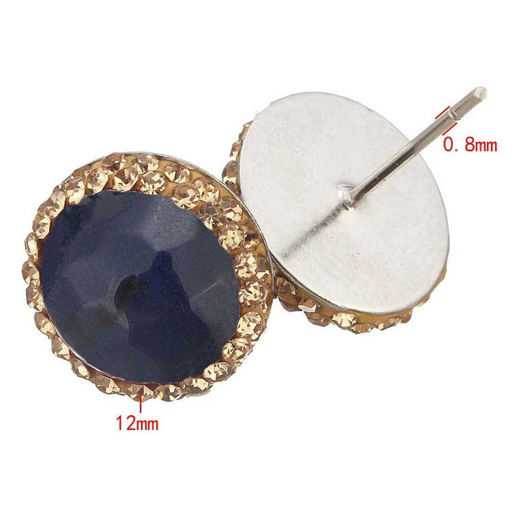 Blauwe edelstenen oorknopjes met agaat, gouden stras steentjes en edelstaal met maatindicatie | Golden Bright Blue Agate