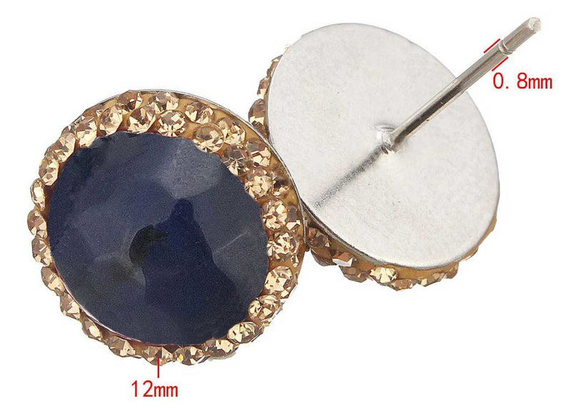 Blauwe edelstenen oorknopjes met agaat, gouden stras steentjes en edelstaal met maatindicatie | Golden Bright Blue Agate