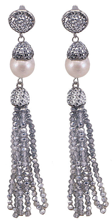 Lange zoetwater parel oorbellen met zilver kristallen kwastje en witte parel | Bright Big Pearl Silver Crystal Tassel