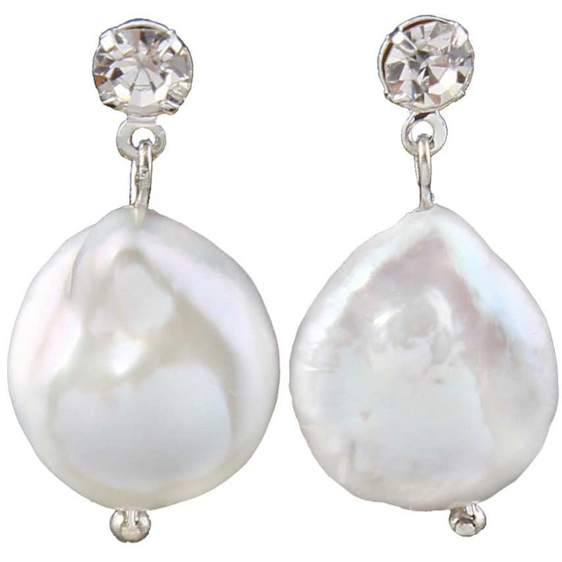 Witte zoetwater parel oorbellen met witte coin parels en stras steentjes | Bling Colly