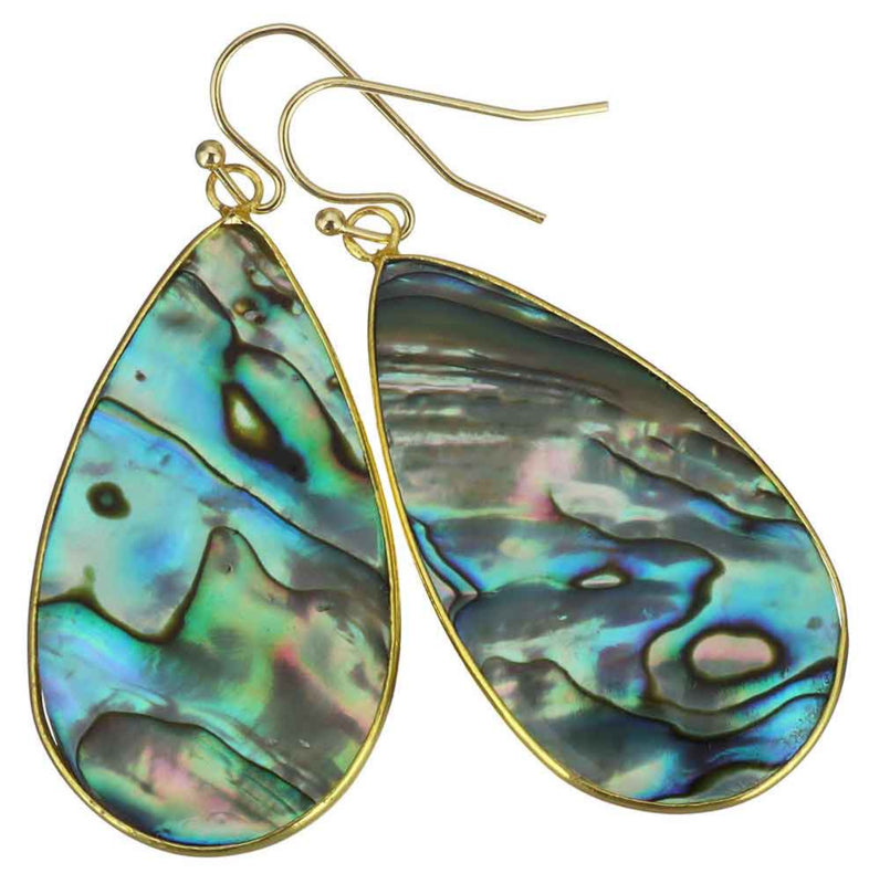 Parelmoeren oorbellen in druppel vorm met abaloon en goud edelstaal, schuin | Big Teardrop Abalone Gold