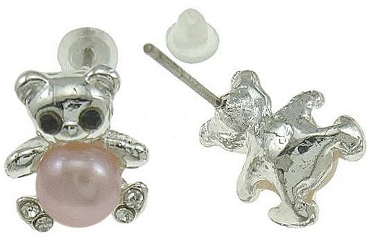 Zoetwater parel oorknopjes met roze parels en zilveren beertje met stras steentjes, voor en achterkant | Pearl Bear P