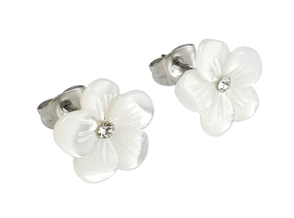 Witte parelmoeren oorknopjes met bloem en stras steentje, zijkant | Big Flower Bling