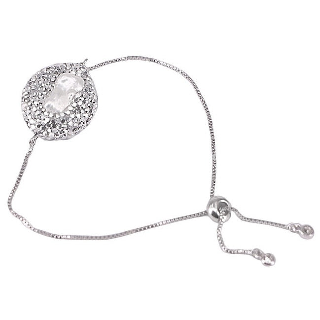 Wit zoetwater parel armband met stras steentjes, glitter armband met parel en schuifsluiting | Bright Biwa Silver