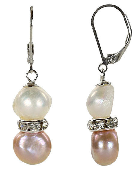 Zoetwater parel oorbellen met witte en roze parels en stras steentjes | Bling Pearl Soft Colors