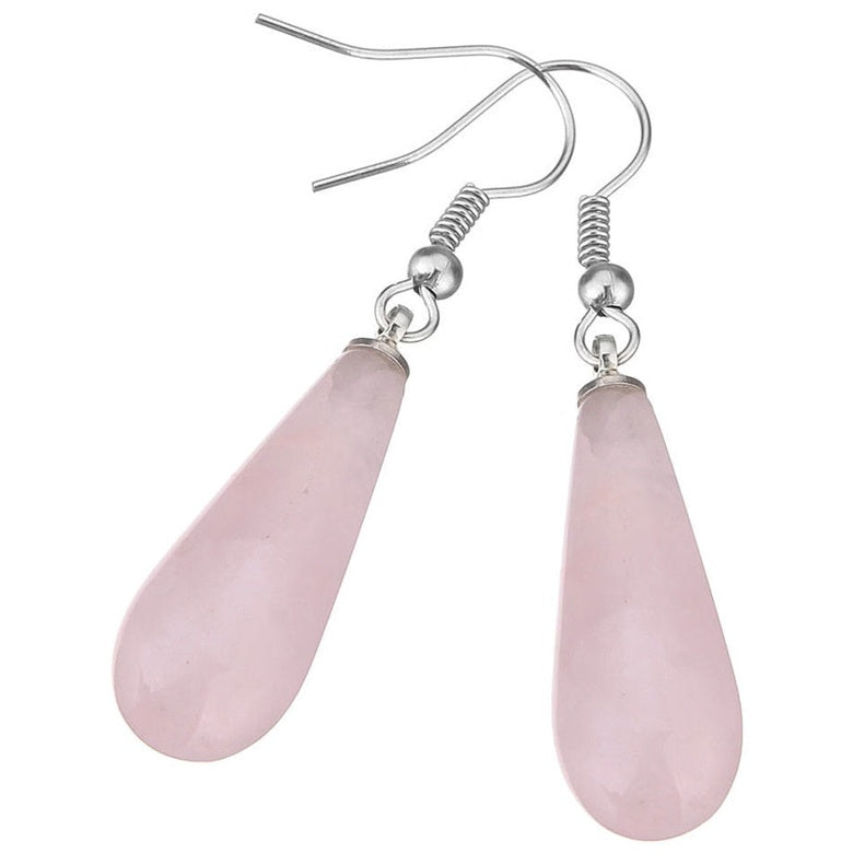 Roze edelstenen oorbellen met rozenkwarts in lange druppel vorm en sterling zilver (925) liggend | RosƩ Quartz Long Drop