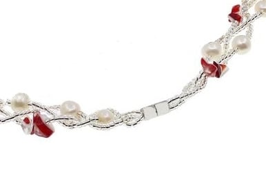 Zoetwater parelketting met witte parels en rode agaat | Twine Pearl Red Agate