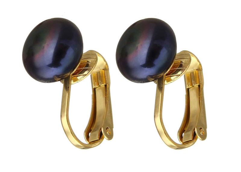 Grote zoetwater parel clips oorbellen met blauw zwarte parels en goud edelstaal | Gold Black Clip Pearl 10 mm