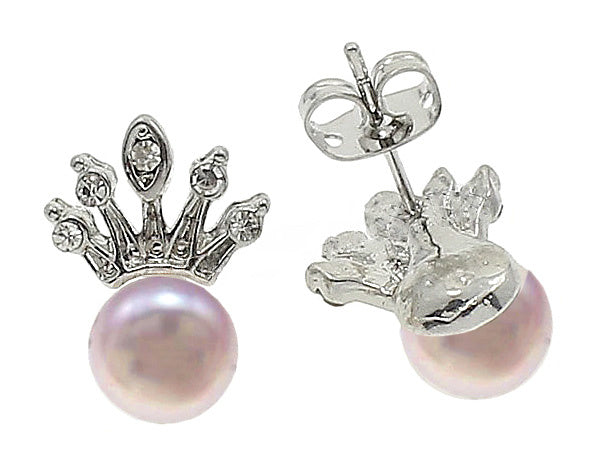 Zoetwater parel oorknopjes met roze parel en zilveren kroontje met stras steentjes, voor en achterkant | Queen Pink