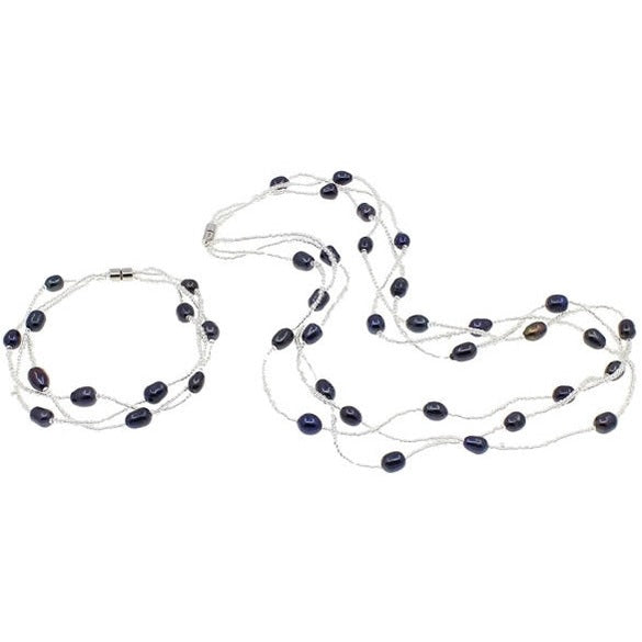 Zoetwater parel set bestaande uit parelketting en parels armband met zwart blauwe parels in 3 rijen met magneetslot | set Twine Pearl Black