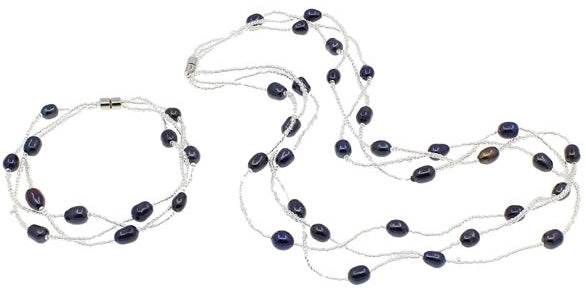 Zoetwater parel set bestaande uit parelketting en parels armband met zwart blauwe parels in 3 rijen met magneetslot | set Twine Pearl Black