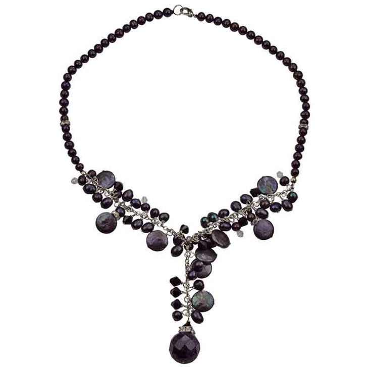 Zoetwater parelketting met paars bruine parels en donker blauwe edelsteen goudvuur | Margie