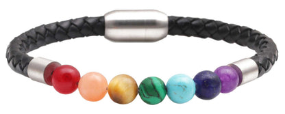 Edelstenen armband met met veel kleuren en soorten edelstenen en zwart leer | Gemstone Rainbow Black Leather
