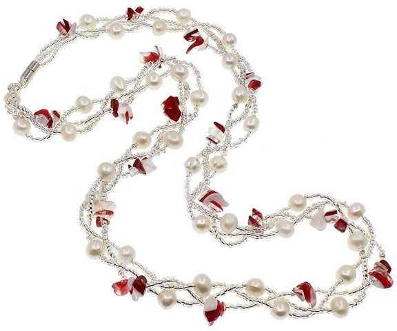 Zoetwater parelketting met witte parels, rode agaat en magneetslotje | Twine Pearl Red Agate