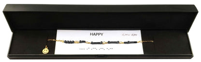  In sieradendoosje zwarte edelstenen ketting met goud edelstaal en hematiet stenen die het woord HAPPY in morse code weer geeft | Morse Code Happy Black Hematite Gold