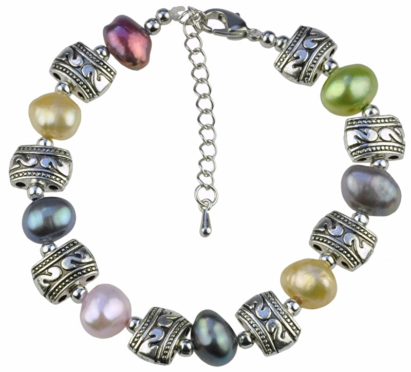 Zoetwater parel armband met bond gekleurde parels | Decorative Pearl Antique Silver