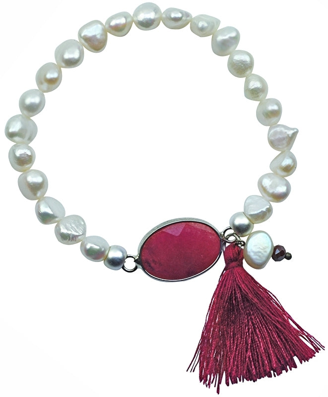 Wit zoetwater parel armband met rode agaat en kwastje, elastisch | Pearl Red Agate Tuft