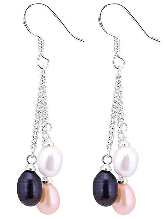 Lange zoetwater parel oorbellen met witte, zalm en blauw zwarte parels en sterling zilver (925) | Multi Dangling Pearl