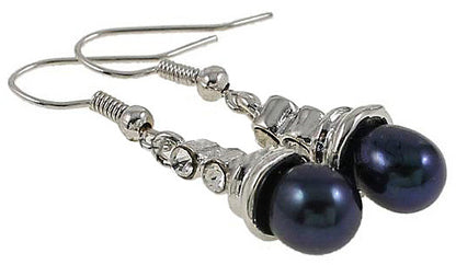 Zwarte zoetwater parel oorbellen met stras steentjes en sterling zilver (925) liggend | Dong
