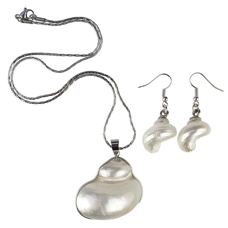 Witte parelmoeren schelpen set bestaande uit een schelpen ketting en schelpen oorbellen met zilver edelstaal | set Pearl White Turbo Shell