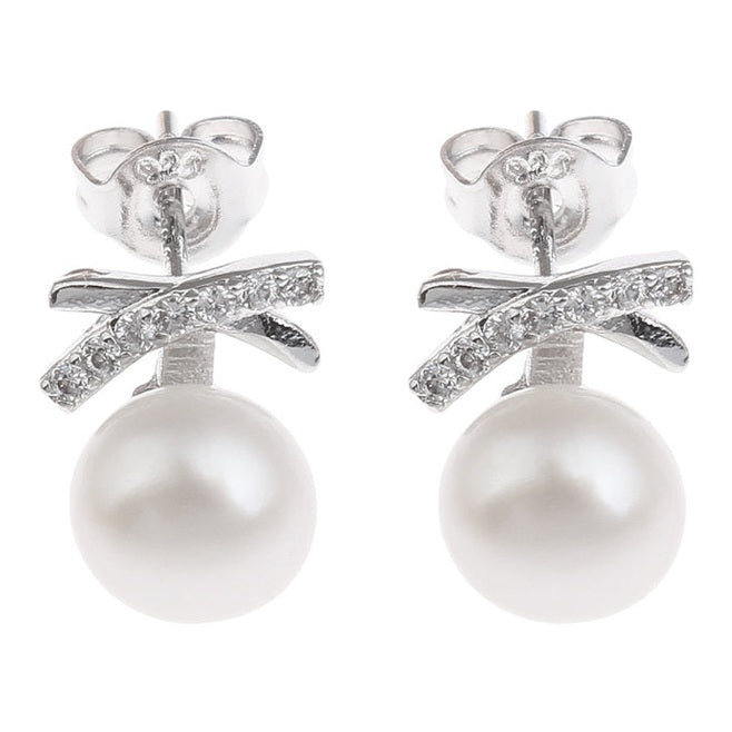 Witte zoetwater parel oorbellen met stras steentjes in kruis, witte parelknopjes met stras steentjes | Pearl Bling X