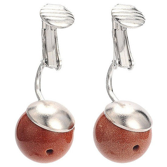 Bruine edelstenen clips oorbellen met goudvuur, goudsteen clips oorbellen, clips oorbellen open geklapt | Goldstone Clips