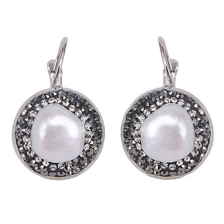 Zoetwater parel oorbellen met witte parel en stras steentjes | Bright Dangling Pearl