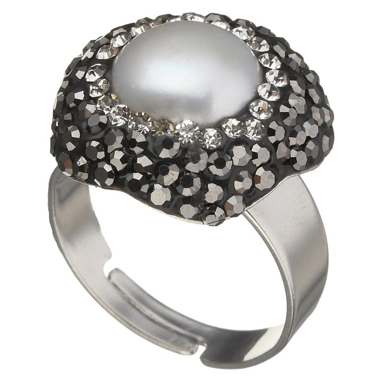 Zoetwater parel ring met zwarte stras steentjes, aanpasbare parel ring | Bright Pearl Big