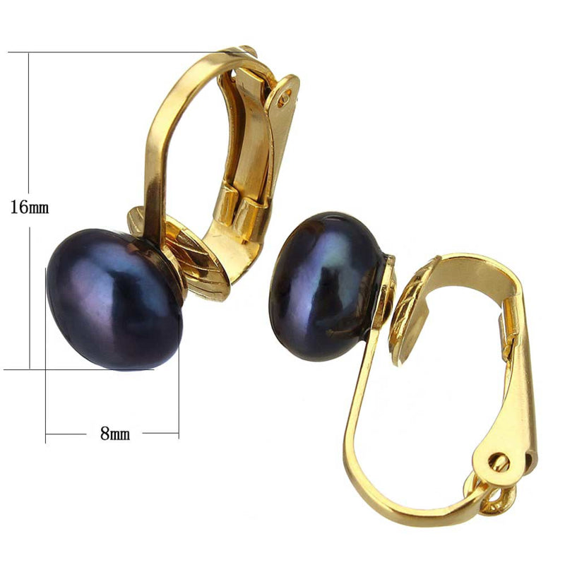 Zoetwater parel clips oorbellen met blauw zwarte parel en goud edelstaal, maat indicatie | Gold Black Clip Pearl 8 mm