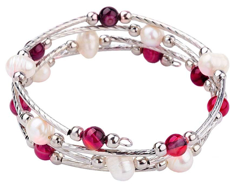 Zoetwater parel wikkelarmband Wrap Pearl Red Striped Agate