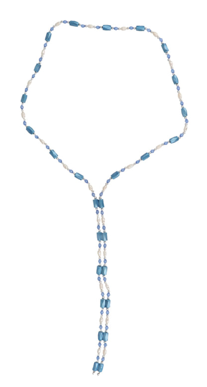 Wit zoetwater parelketting met hanger en blauwe magnetiet stenen | Wrap Magnetite Blue Pearl