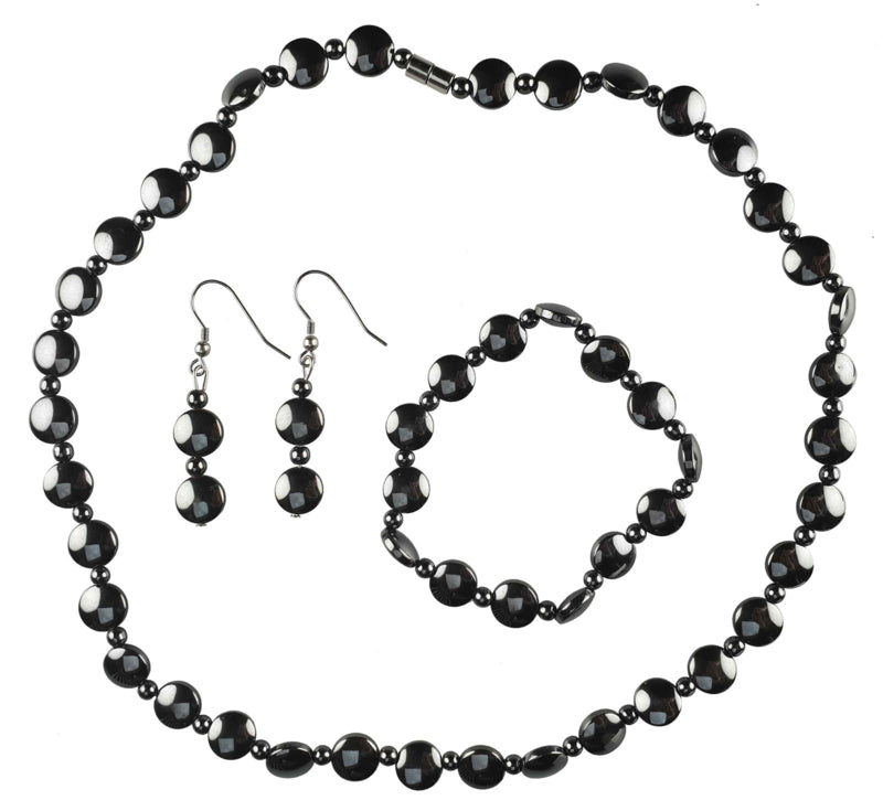 Zwarte edelstenen set met hematiet bestaande uit edelstenen ketting + edelstenen armband + edelstenen oorbellen in hoog glans zwart en zilver edelstaal
