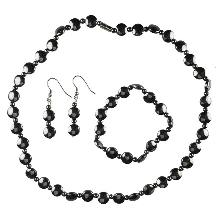 Zwarte edelstenen set met hematiet bestaande uit edelstenen ketting + edelstenen armband + edelstenen oorbellen in hoog glans zwart en zilver edelstaal | set Hematite Coin