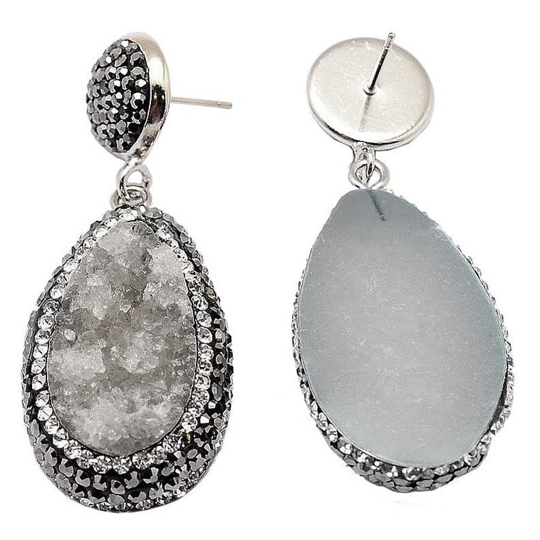 Grijze edelstenen oorbellen met druzy agaat en stras steentjes, oorknopjes, achterzijde | Bright Teardrop Druzy Agate