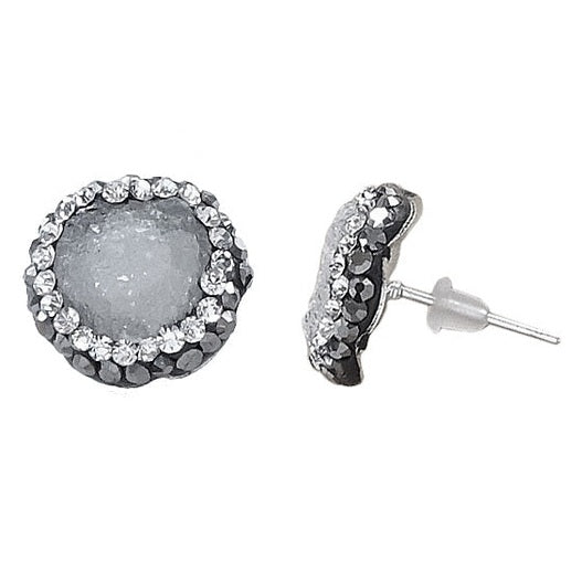 Grijze edelstenen oorknoppen met ijskwarts en stras steentjes voor en zijaanzicht | Bright Ice Quartz