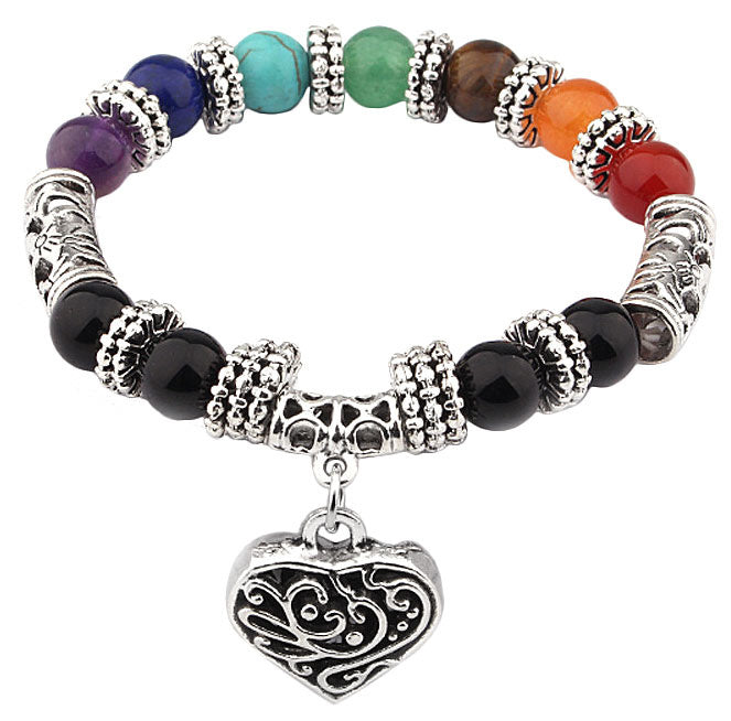 Edelstenen armband met veel gekleurde edelstenen en een zilveren hart | Elastisch | Mix Gemstone Heart