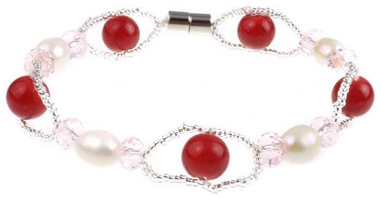 Wit zoetwater parel armband met magneetslot en roze en rode kralen | Recio