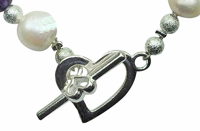 Hartjes slotje van wit zoetwater parel armband met paarse amethist| Pearl Heart Amethyst