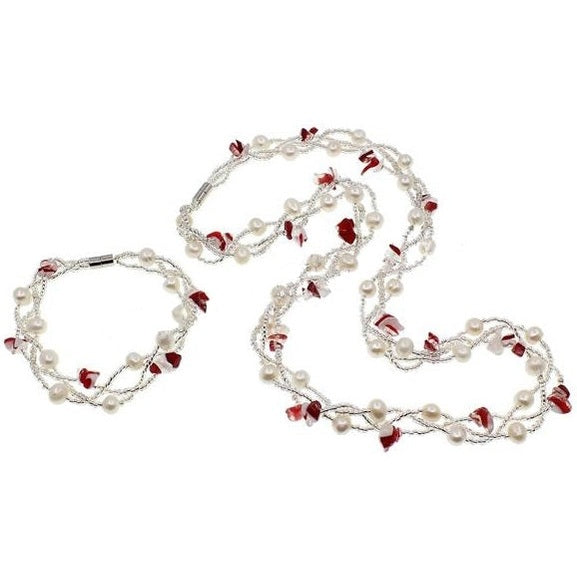 Zoetwater parel set bestaande uit een parelketting en parel armband met witte parels, rode agaat en magneetslotje | set Twine Pearl red Agate
