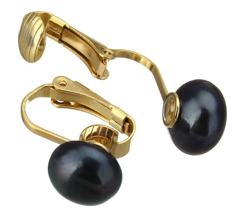 Grote zoetwater parel clips oorbellen met blauw zwarte parels en goud edelstaal, open parel clips oorbellen | Gold Black Clip Pearl 10 mm