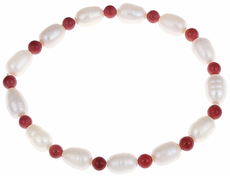 Wit zoetwater parel armband met rood koraal, elastisch | Claudine