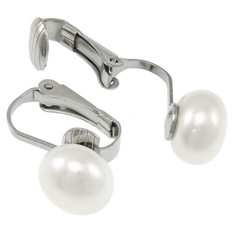 Wit zoetwater parel clips oorbellen met zilver edelstaal, open parel clips oorbellen | Clip Pearl 8 mm