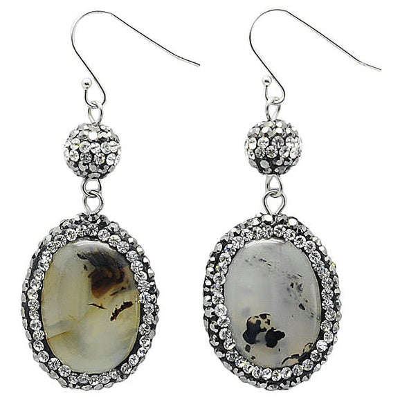 Grijze edelstenen oorbellen met agaat, stras steentjes en sterling zilver (925) vooraanzicht | Bright Nature Agate Oval