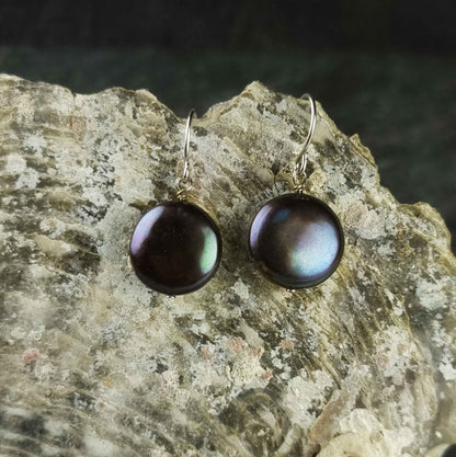 Zoetwater parel oorbellen met zwart bruin paarse parels en sterling zilver (925) hangend aan schelp | Coddy