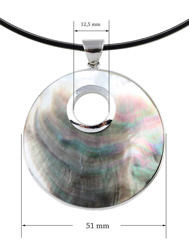Grijze parelmoeren ketting met hanger, maataanduiding | Donut Round Black Shell