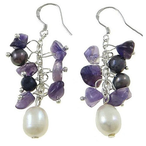 Zoetwater parel oorbellen met witte en blauw paarse parels, amethist en sterling zilver (925) | Pearl Ami