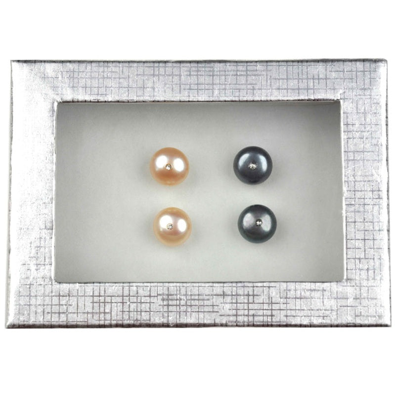 Cadeau set met 2 paar (zwart en zalm) zoetwater parel oorknopjes met stras steentje | Cadeau set Mea Bling B-Pe