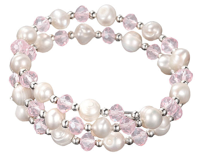 Zoetwater parel wikkel armband met witte parels en roze glas kristallen | Wrap Pearl Pink Crystal