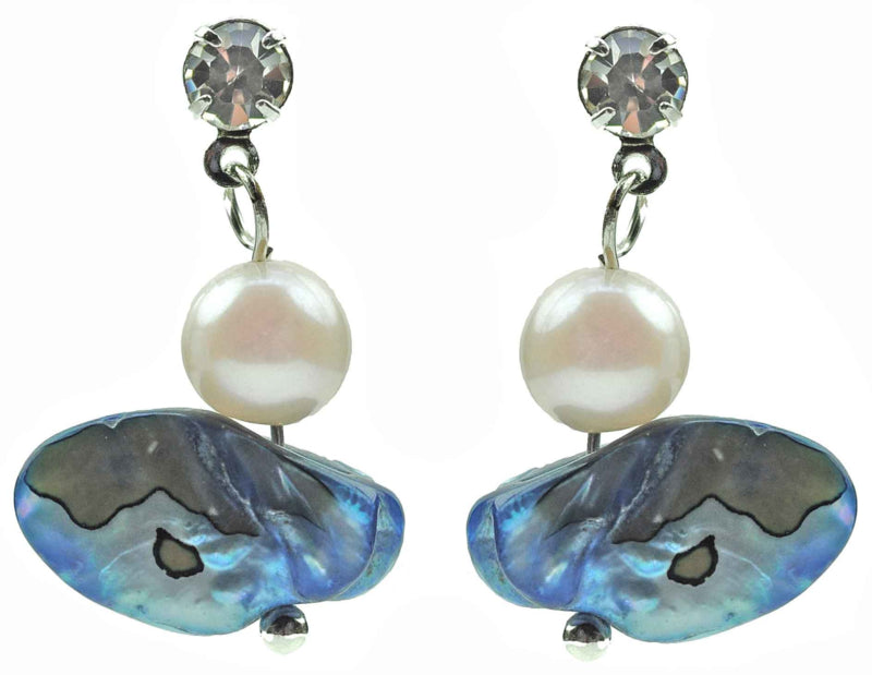Zoetwater parel oorbellen met witte en blauwe parelS en stras steentje | Bling Blue Wing Pearl 